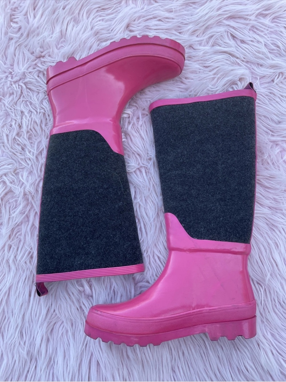 J.CREW Wellies Rain Boots Fuchsia Pink Rubber & Gray Felt Women's Size 7.